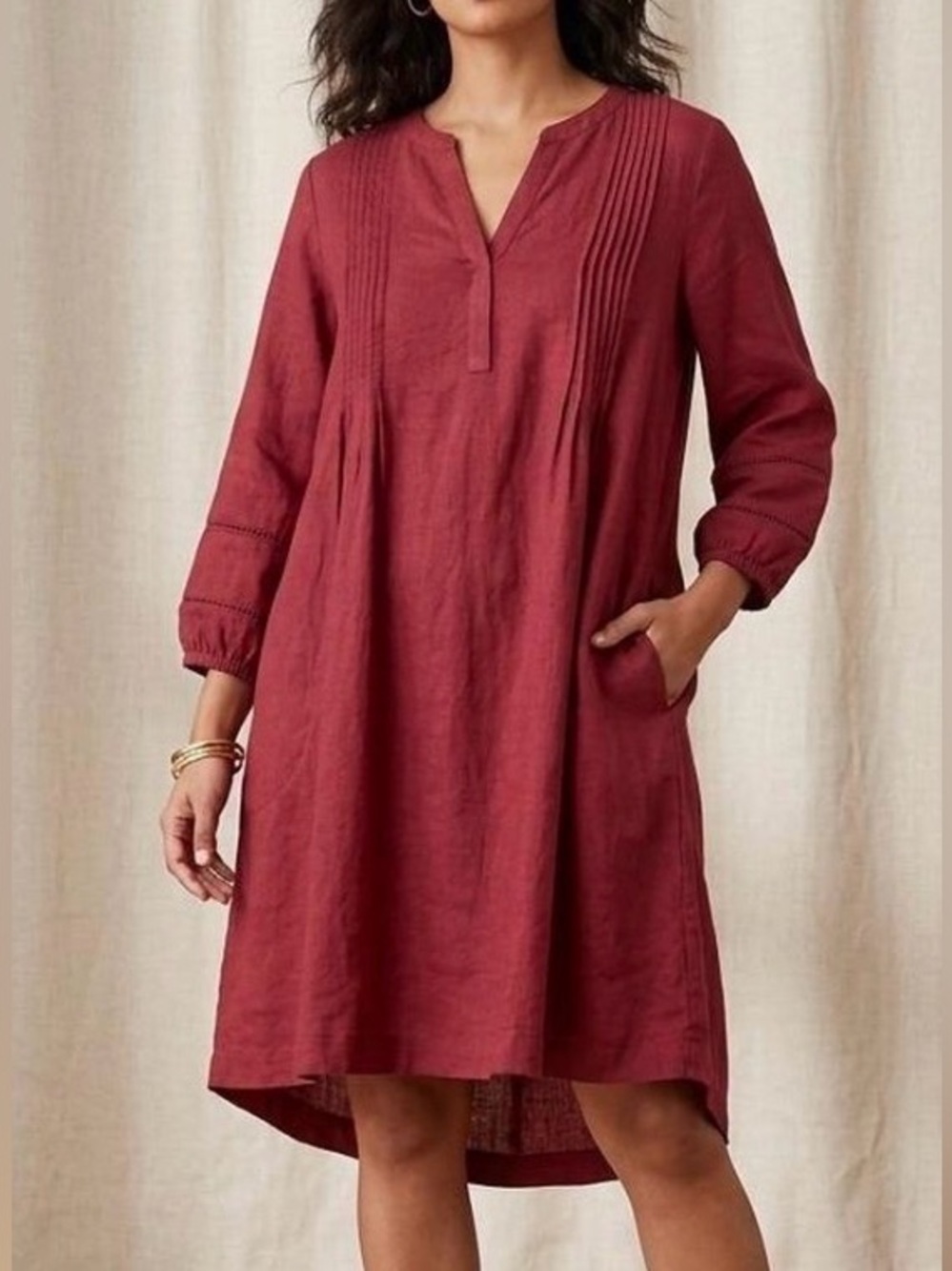 J. Jill Brushed Twill V-neck Pintuck Dress Burgundy Size XL Petite